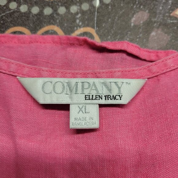 Company Ellen Tracy Extra Large Pink Peony Zippered V Neck Roll Tab Linen Blouse - Picture 11 of 13